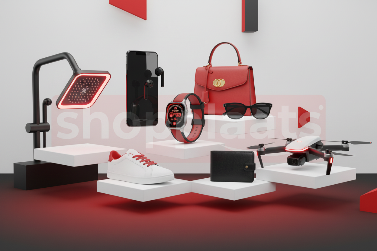 haal de kleine logo links bovenin weg. en de tekst onderin: shop now, global delivery. en vervang de schoen voor iets van speelgoed. en vervang de portomonee met een modern douchekop met ingebouwde  led verlichting.